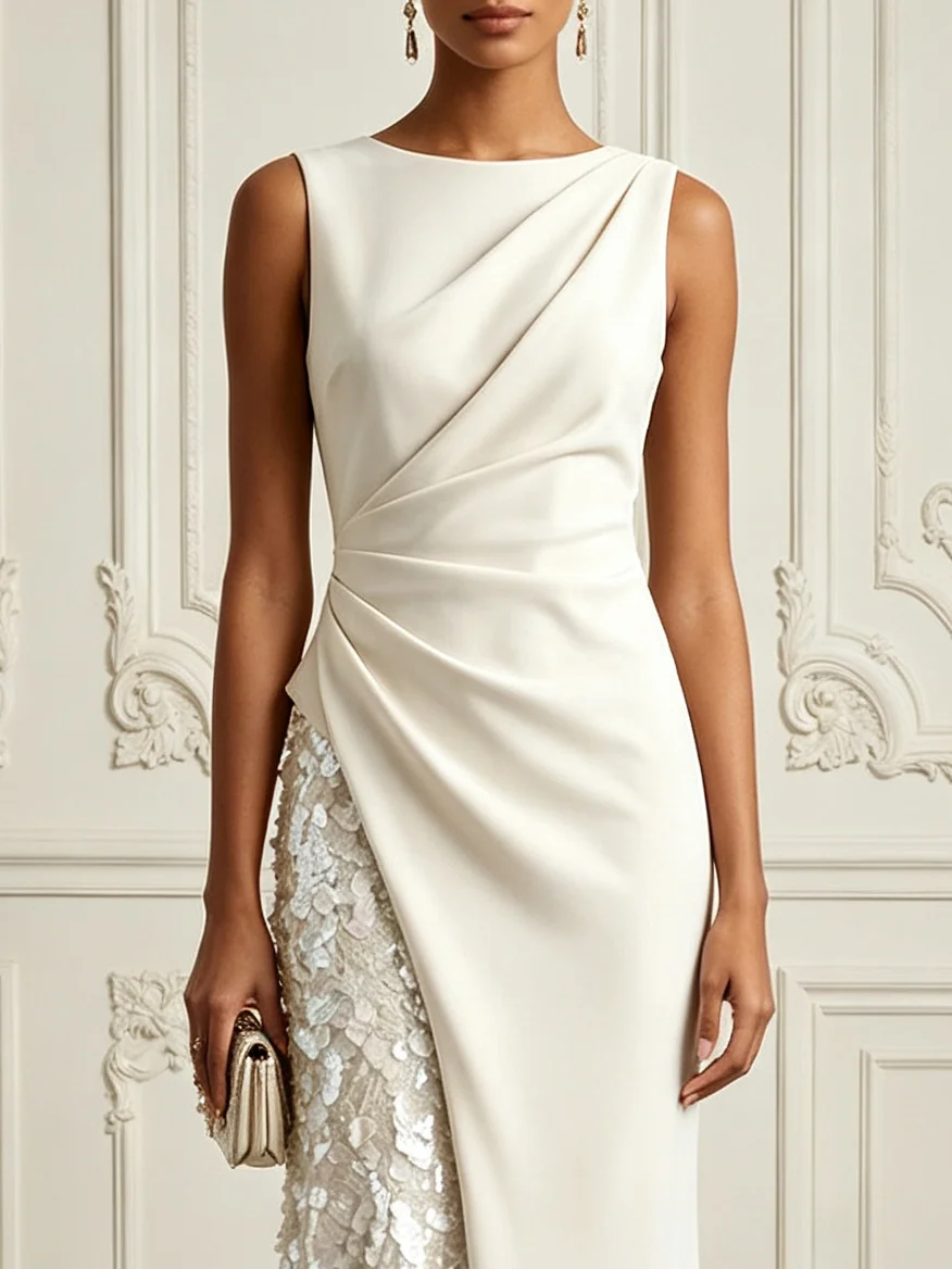 Detail of diagonal bodice draping and floral sequin side panel