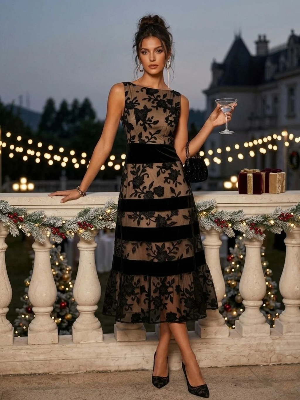 Black floral mesh midi dress styled for an evening celebration
