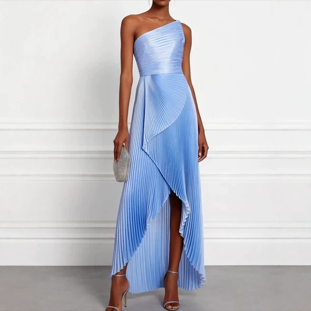 Light blue one shoulder pleated asymmetric maxi dress