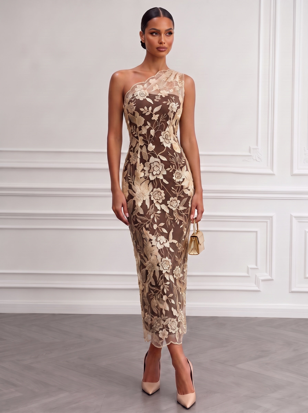 Full length styling of one shoulder embroidered mesh dress